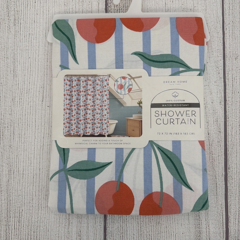 Whimsical Cherries Shower Curtain White Blue Stripe 100% Cotton Dream Home